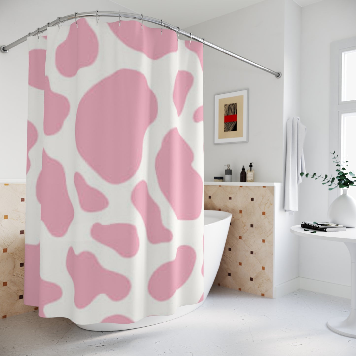 Pink Viti Shower Curtain, Cute Bathroom Decor, Boho Chic, Unique Gift for Cow Lovers, Farmhouse Style, Home Makeover