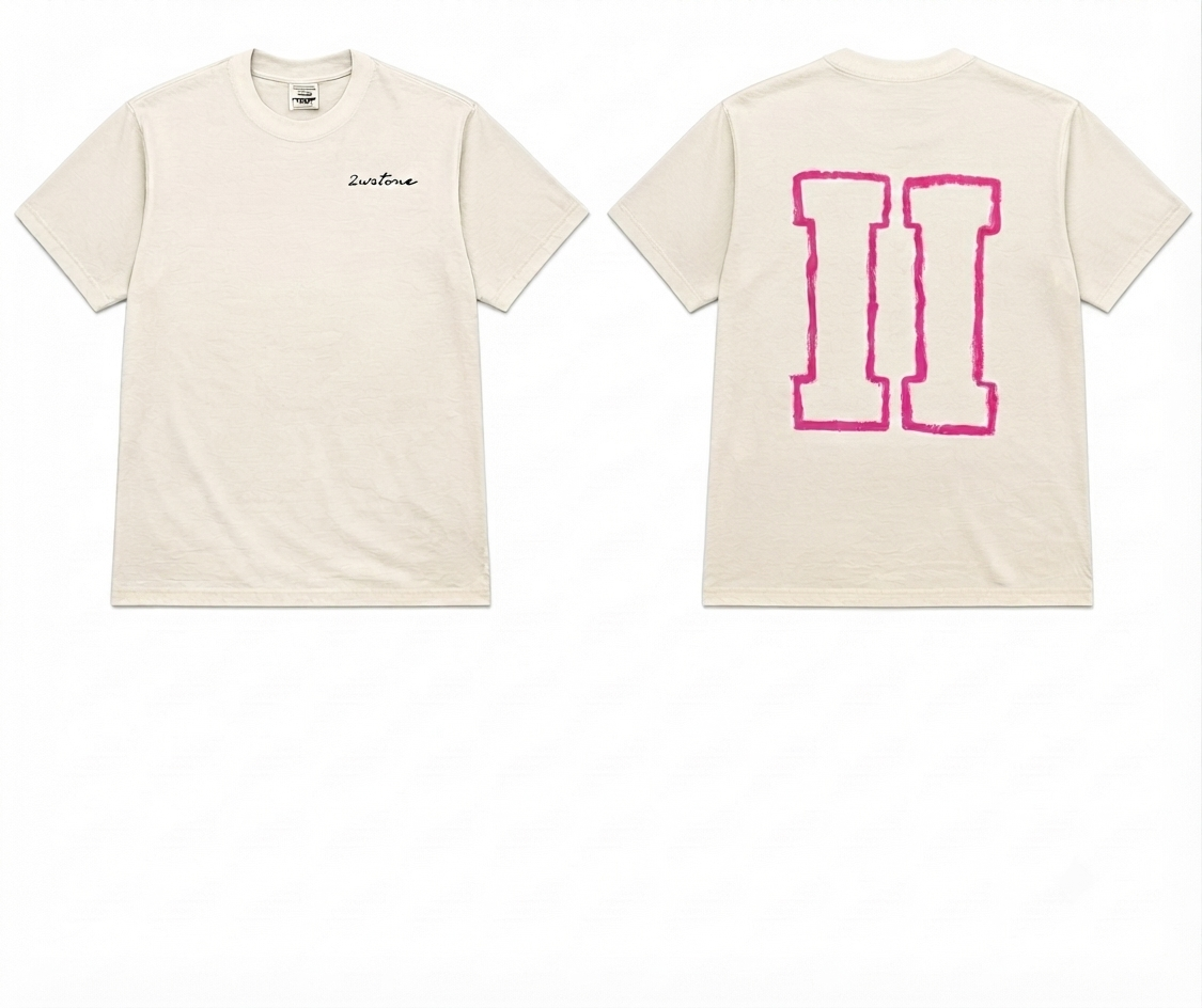 2wotone Custom Painted Fuchsia Pink Logo Outlined Cropped Creme T Shirt