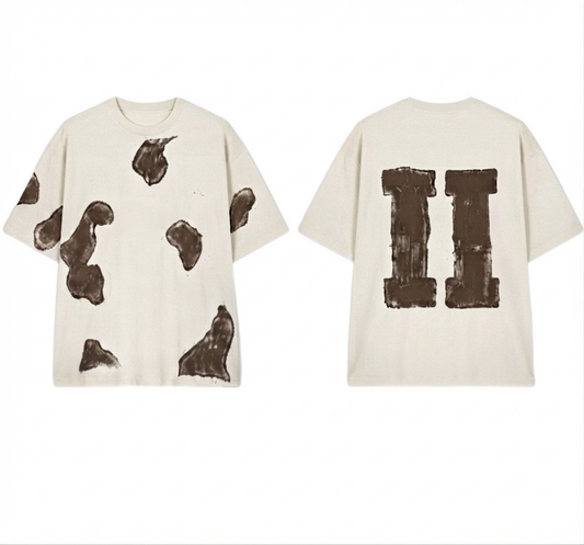 Creme with Brown 2wotone Print Hand Painted Cropped T Shirt