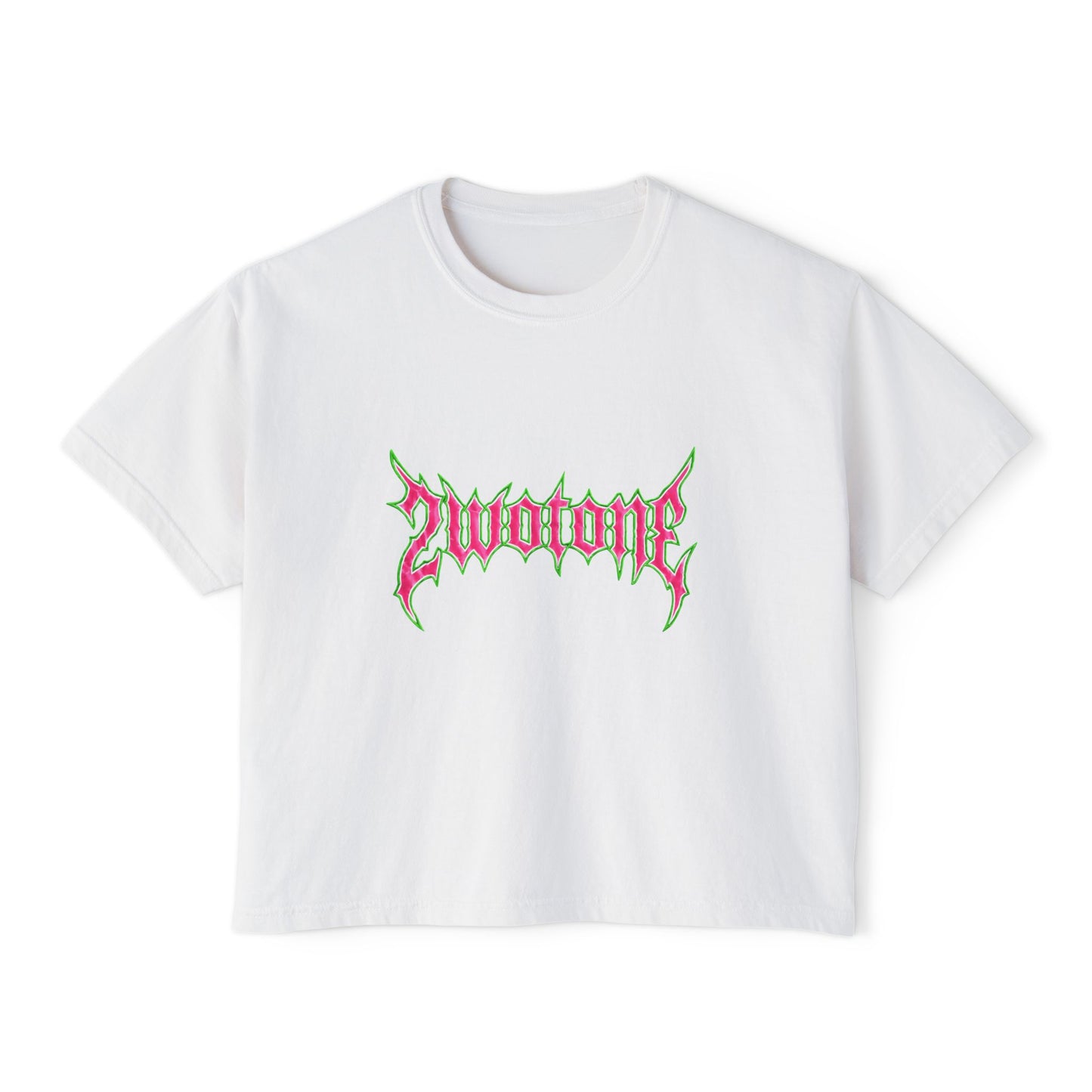 2wotone Women's Boxy Tee — Pink & Green Graphic Crop Shirt