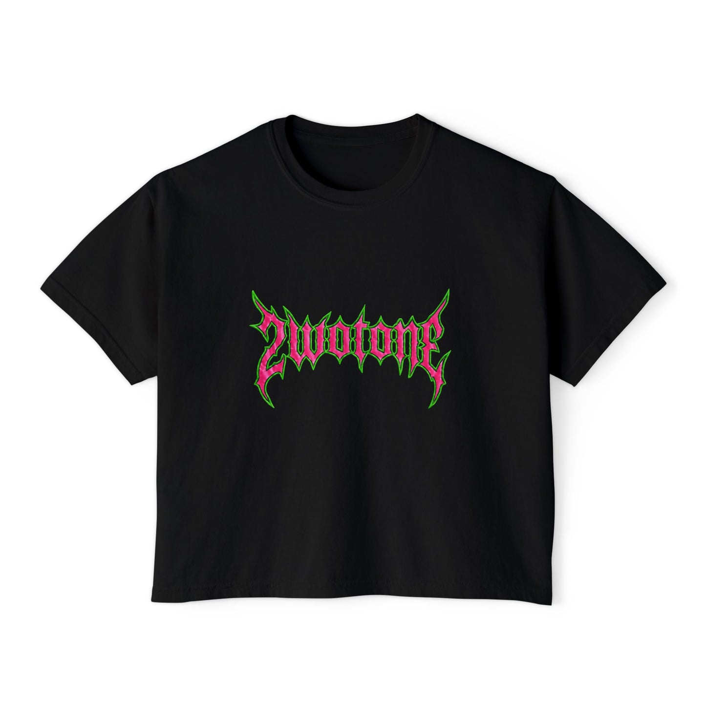 2wotone Women's Boxy Tee — Pink & Green Graphic Crop Shirt