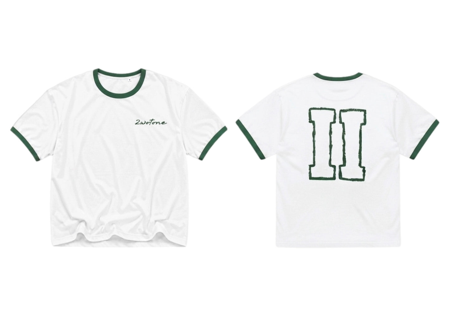 2wotone Hand Painted Outlined Logo White Cropped Shirt with Green Trim