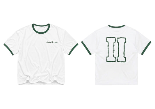 2wotone Hand Painted Outlined Logo White Cropped Shirt with Green Trim