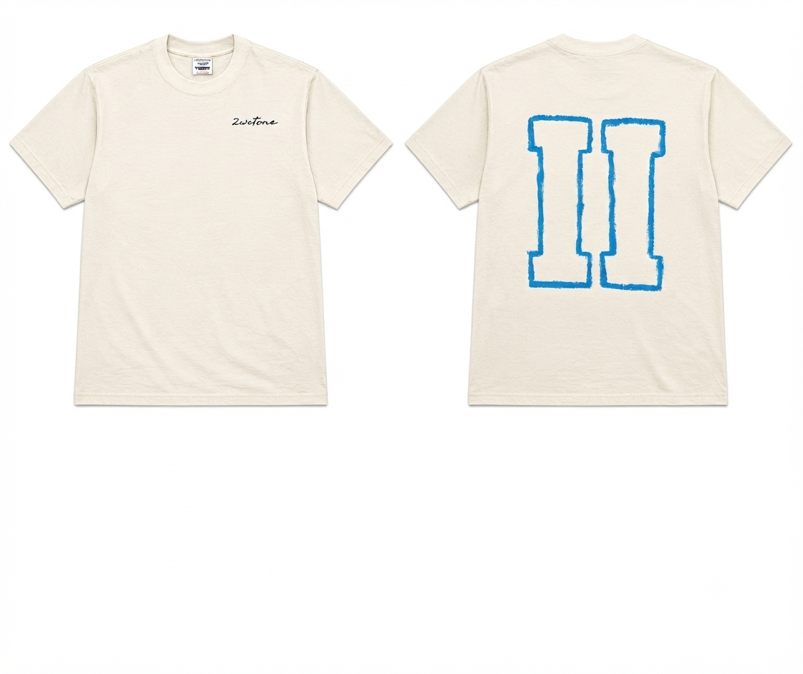 2wotone Custom Painted Blue Logo Outlined Cropped Creme T Shirt