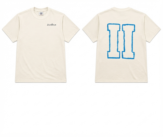 2wotone Custom Painted Blue Logo Outlined Cropped Creme T Shirt