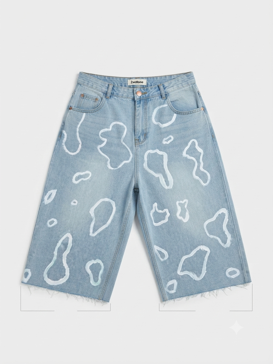Denim 2wotone Print Balloon Shorts