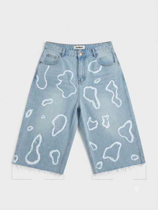 Denim 2wotone Print Balloon Shorts
